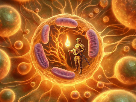 Abstract glowing cell structure symbolizing mitochondria as the spark of life and energy within veterans’ bodies