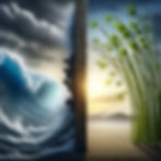 A wall divides two worlds—on one side, a storm and crashing waves; on the other, sunlight and bending bamboo. Resistance holds the line; resilience yields and survives. The art of strength lies in knowing when to stand firm and when to bend.