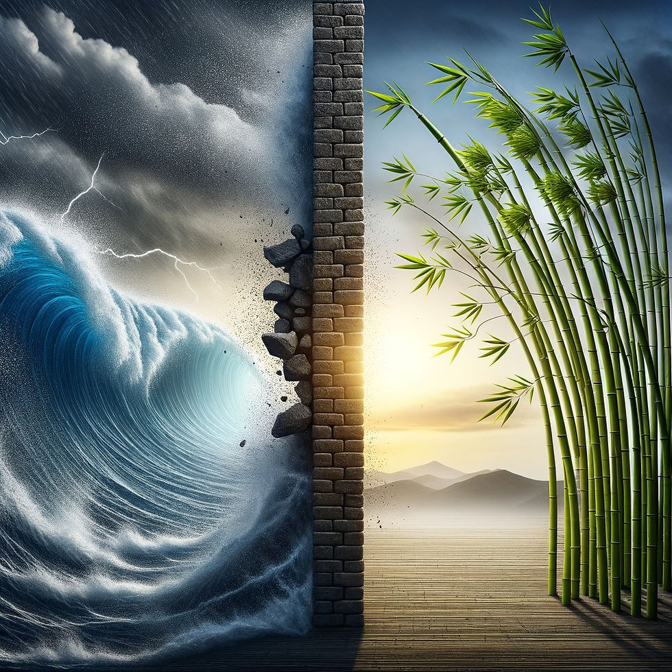 A wall divides two worlds—on one side, a storm and crashing waves; on the other, sunlight and bending bamboo. Resistance holds the line; resilience yields and survives. The art of strength lies in knowing when to stand firm and when to bend.