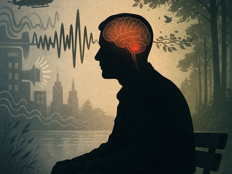 Silhouette of a veteran with a glowing brain, sound waves from helicopters and jets merging with city noise — symbolizing tinnitus, hearing loss, and the lasting impact of military service.