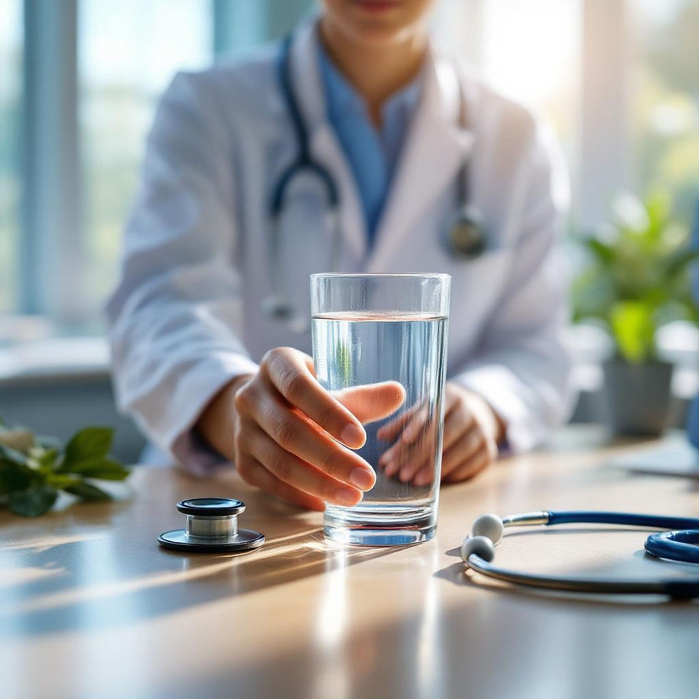 A glass of clear water on a desk, symbolizing hydration as medicine and the foundation of healing and kidney protection