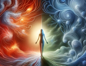Human figure standing between red fiery currents and blue calm swirls, symbolizing the immune network’s balance between inflammation and serenity.