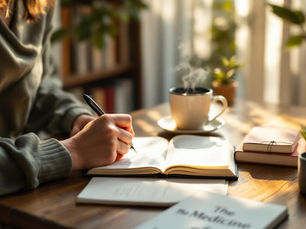 A journal open beside a warm cup of coffee on a wooden table, sunlight and calm surroundings — symbolizing the medicine of journaling, reflection, and emotional healing through writing.