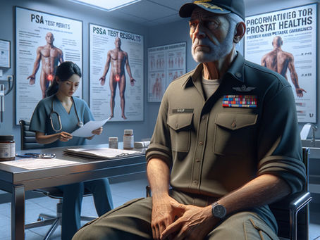 Veteran in uniform sitting in clinic, awaiting prostate cancer PSA screening results.