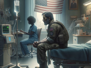 Veteran in uniform sits solemnly on a hospital bed while a nurse writes nearby. Behind them, an American flag hangs—symbolizing the hidden wounds of war.