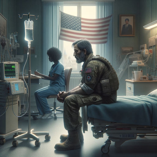 Veteran in uniform sits solemnly on a hospital bed while a nurse writes nearby. Behind them, an American flag hangs—symbolizing the hidden wounds of war.