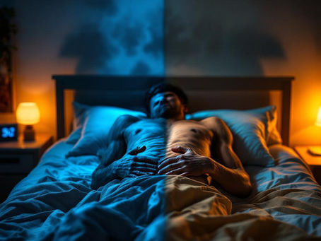 Man lying awake at night due to chronic pain and poor sleep—representing the struggle between rest and discomfort.
