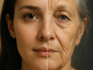 bstract depiction of aging and vitality—a face split between youthful clarity and cellular decay, symbolizing the tension between appearance and internal inflammation.