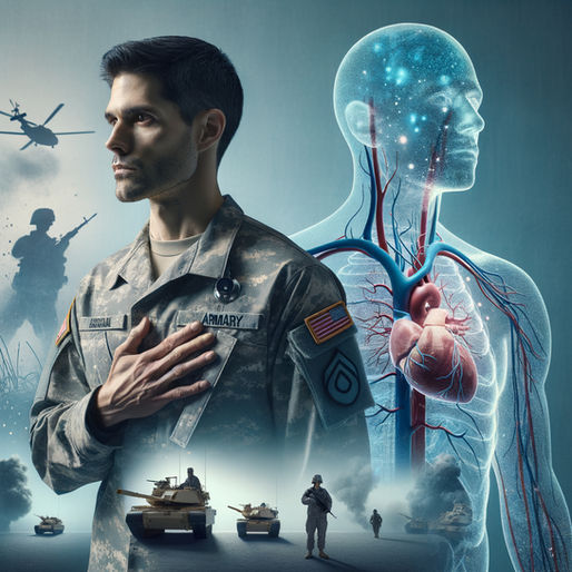 A veteran in uniform with hand over heart stands before combat scenes and an anatomical heart illustration, representing the invisible toll of service on cardiovascular health.
