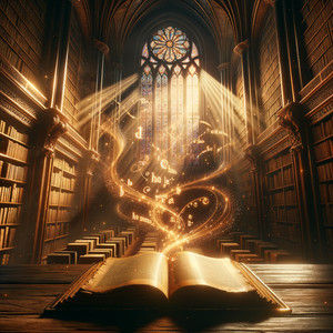 An open illuminated book in a grand library, glowing with golden light — representing the human body as a living manuscript filled with stories of healing and experience.