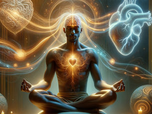 A man in meditation with glowing energy connecting the brain and heart, symbolizing awareness flowing through the body, mind, and soul.