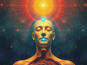 A figure standing in radiant light with energy rising from the brainstem to the mind, symbolizing the reticular activating system filtering awareness.