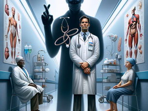 Doctor with looming shadow figure symbolizing mistrust in medicine—illustrating the biology of betrayal in healthcare.