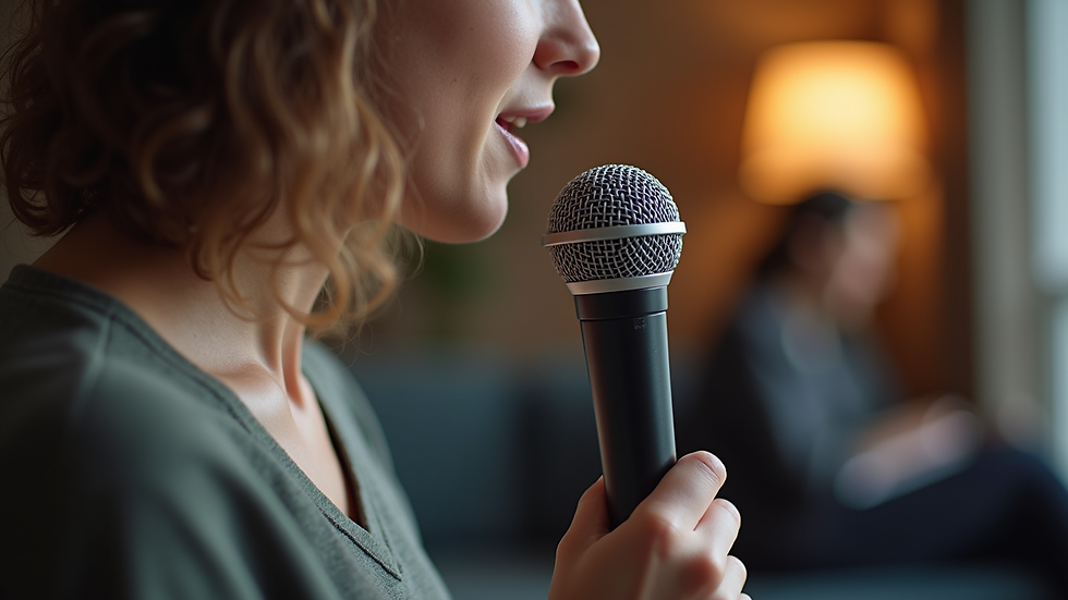 Close-up view of a person practicing speaking English with a microphone