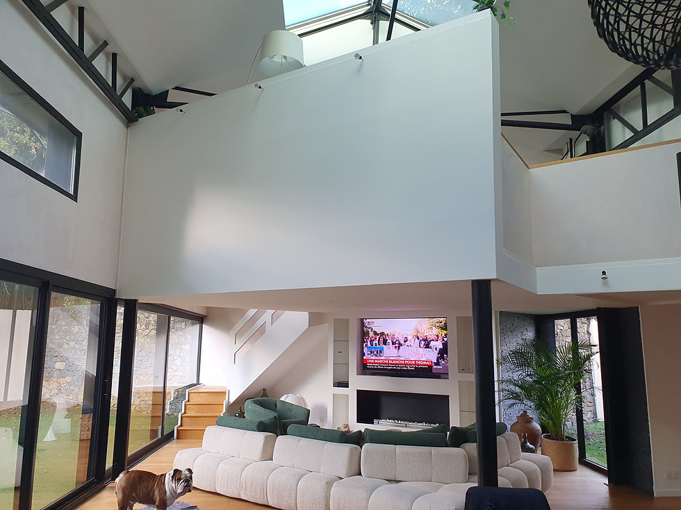 Murs végétales photo avant après. 
Création sur mesure. Intérieur moderne avec canapé blanc, télévision, chien bouledogue anglais, et escalier.