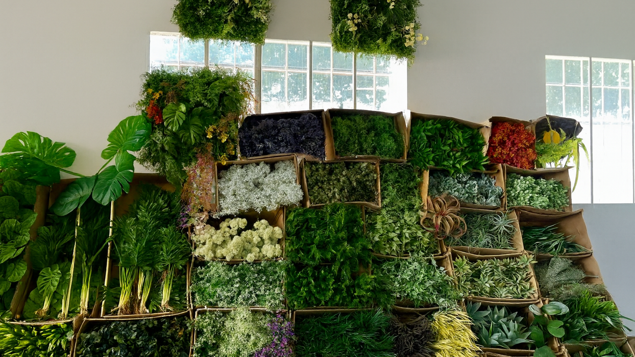 Mur végétal de différentes plantes dans des boîtes, devant des fenêtres. L'atelier Verdedalle. Création de murs végétal sur mesure .