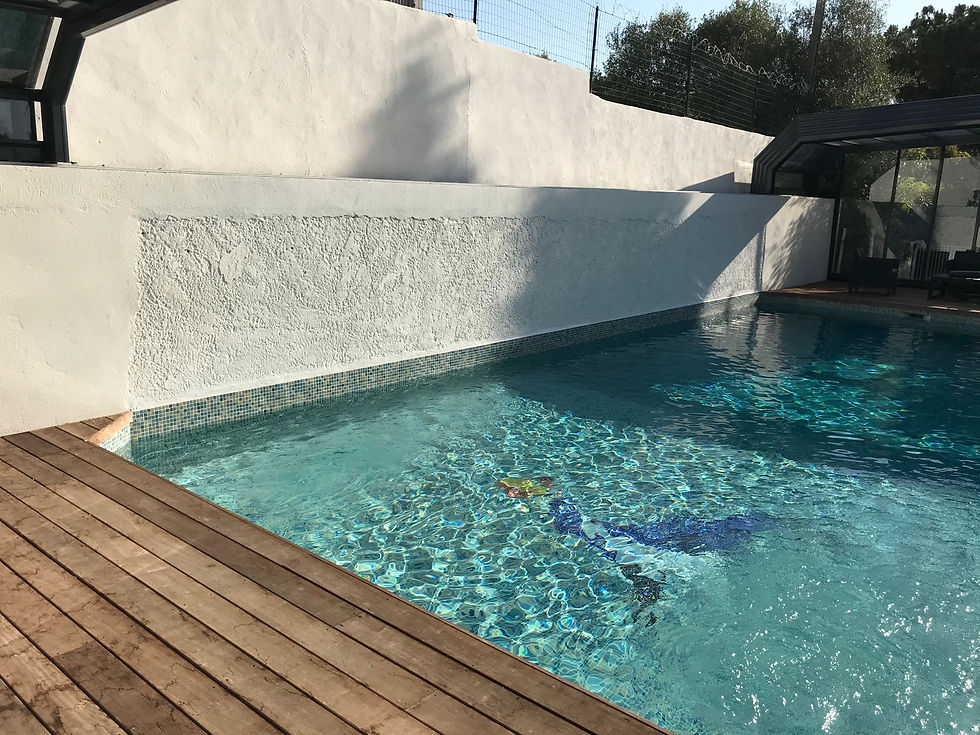 Murs végétales photo avant après. 
Création sur mesure. Une piscine azurée avec une mosaïque décorative et un bord en bois.