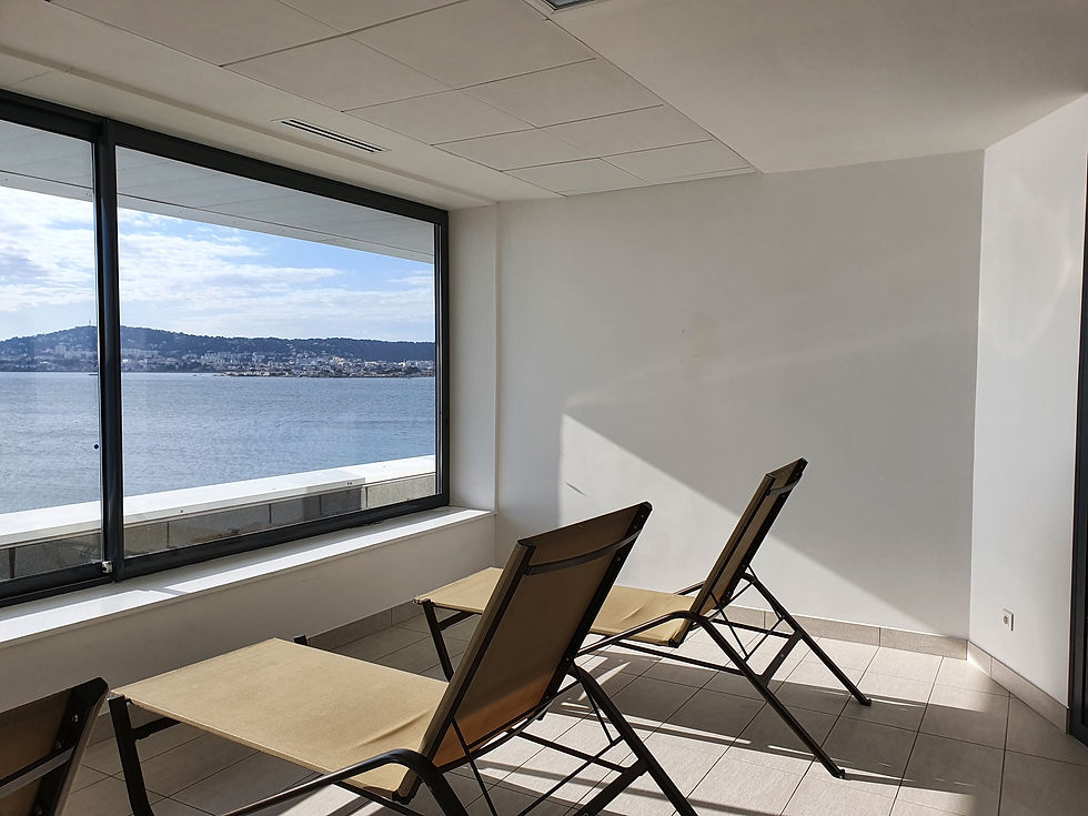 Murs végétales photo avant après. 
Création sur mesure. Deux chaises près d’une fenêtre avec vue sur l’eau. Espace intérieur relaxant avec une belle vue.