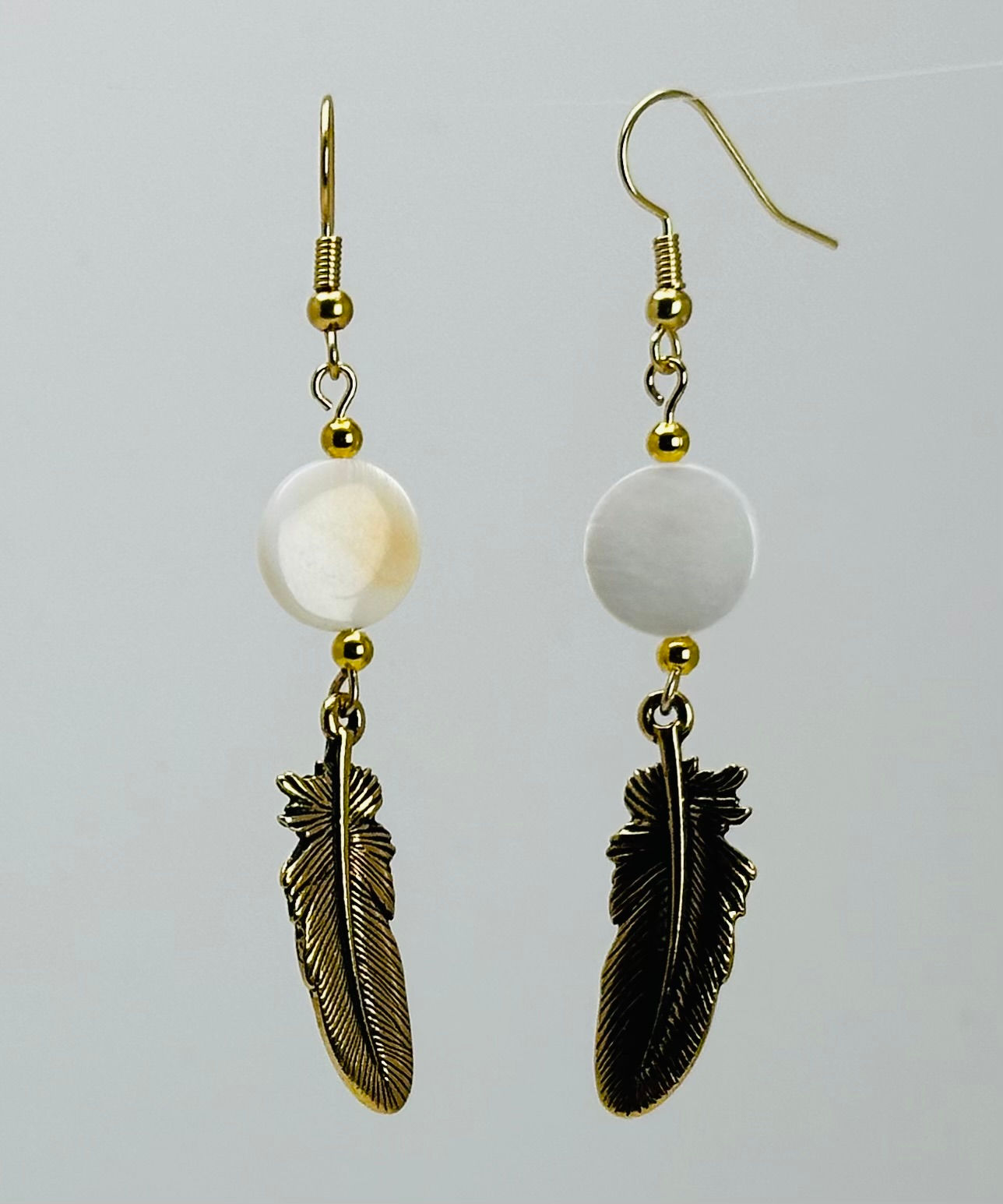 Shell Bead and Feather Earrings