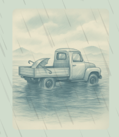 Эвакуация во время дождя в Израиле 1991 года. Старый грузовик стоит в воде, в кузове лежит зонт. Иллюстрация к истории об опоздании в школу из-за потопа.