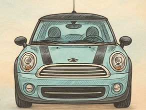 Иллюстрация к посту Инны Гендель «Авто-биография. От читателя к писателю». Небесно-голубой Мини Купер на песочном фоне.