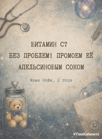 Плюшевый медвежонок в стеклянной банке на фоне медицинского кабинета педиатра. В центре изображения — цитата: «Витамин С? Без проблем! Промоем её апельсиновым соком».