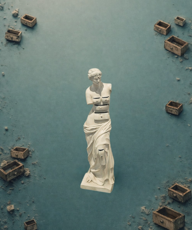 Скульптура «Венера с ящиками» Сальвадора Дали на приглушённом бирюзовом фоне: в теле фигуры выдвижные ящики, вокруг — старые деревянные ящики.