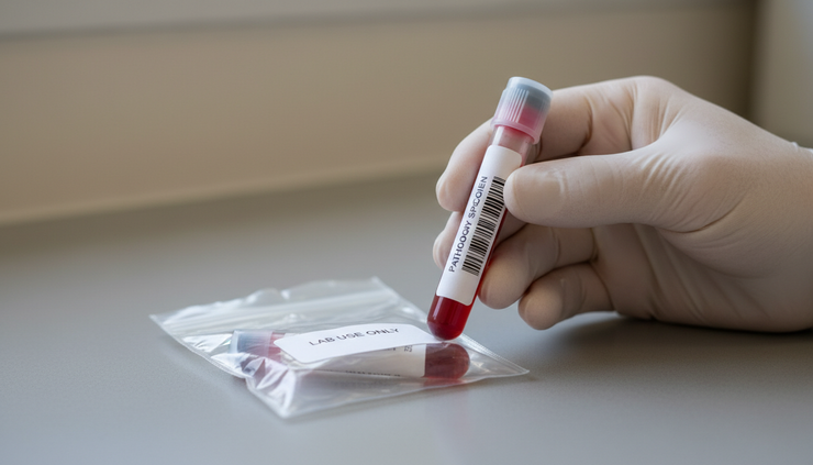 Close-up of a hand holding a labelled sample tube beside a simple pathology collection bag