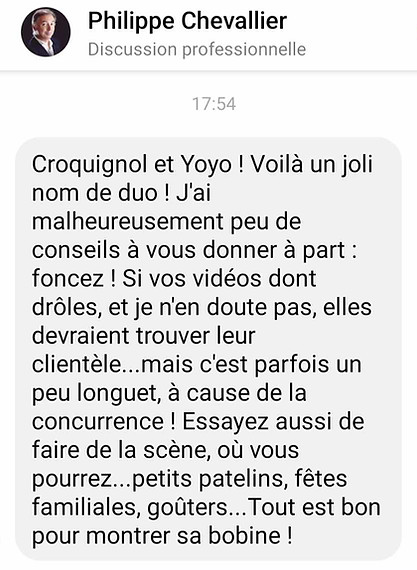 Soutien et encouragement adressée à la Tringbal Compagnie et Croquignol et Yoyo pour ses spectacles de la part de notre amie Philippe Chevallier