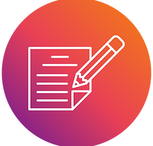 A symbol displaying a pice of paper and a pencil on a red background.