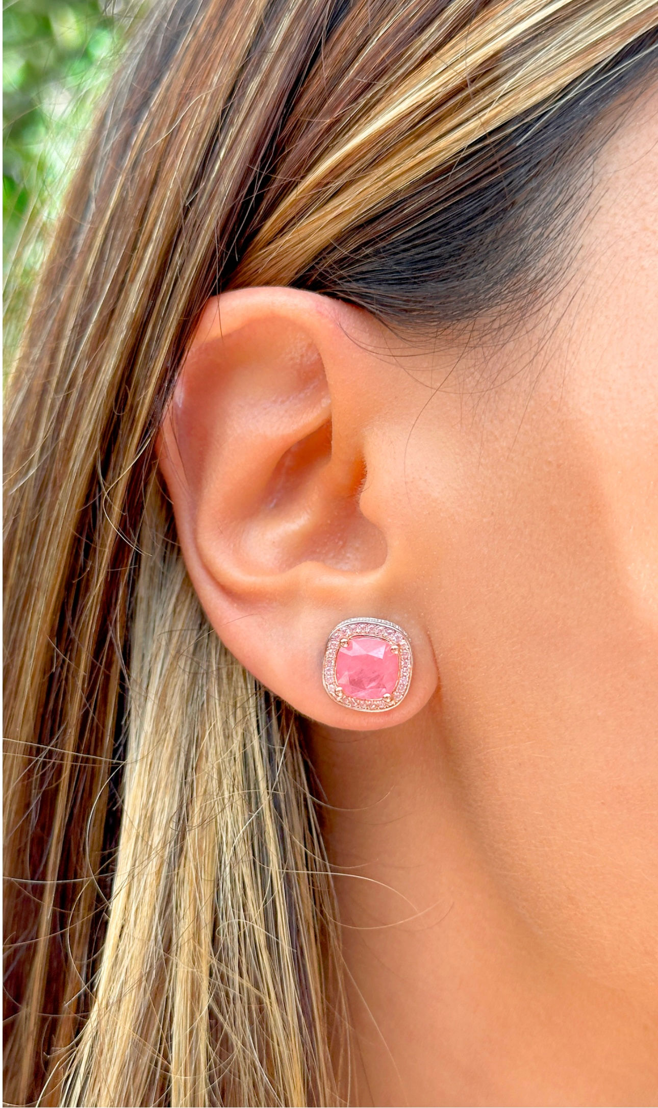 BRINCO FUSION MORGANITA ZIRCONIA ROSA ZIRCONIA BRANCA QUADRADO BORDADO