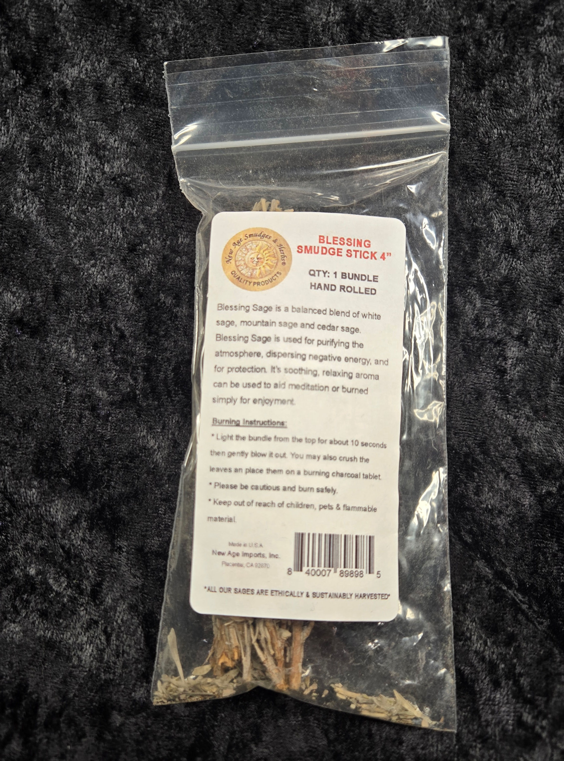 Blessing smudge stick approximately 3 to 4 inches made with sage blend packaged in clear protective bag