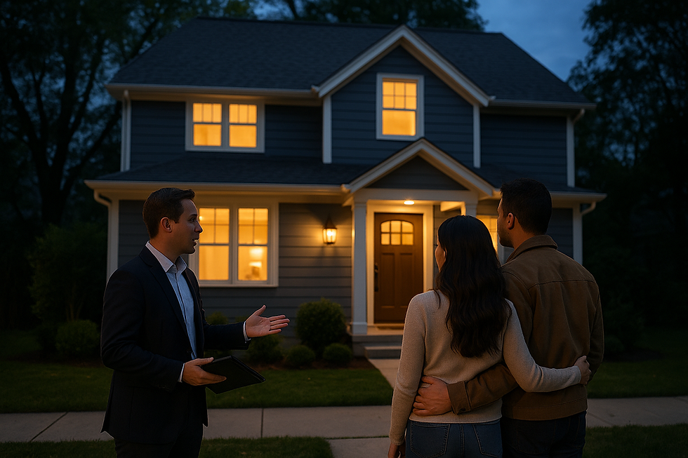 A couple listens attentively to a real estate agent as they consider purchasing a warmly lit house in the night.