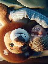 stuffed toy lion being squeezed in bed by young boy