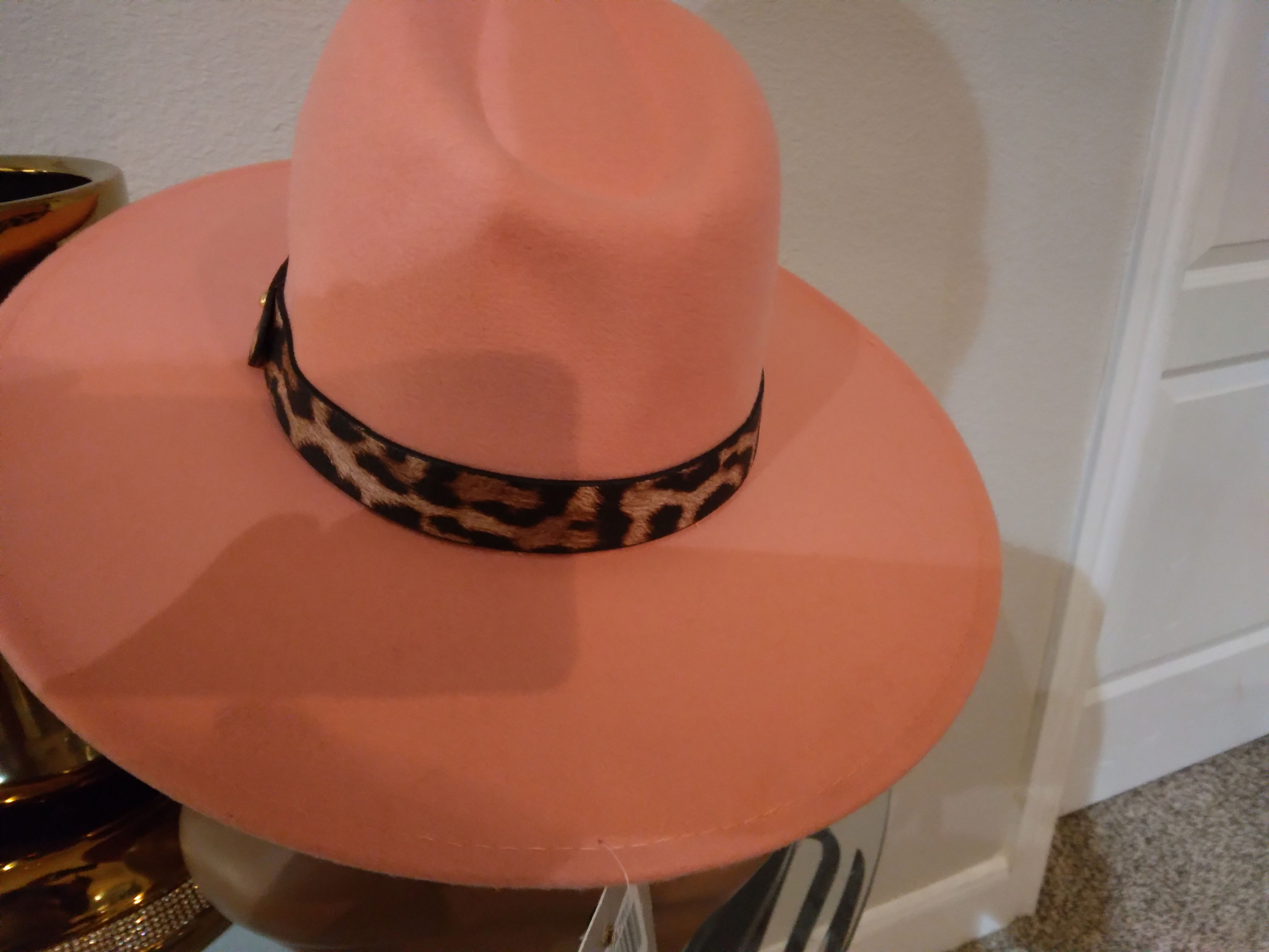 Pink fedora hat with pink black leopard band