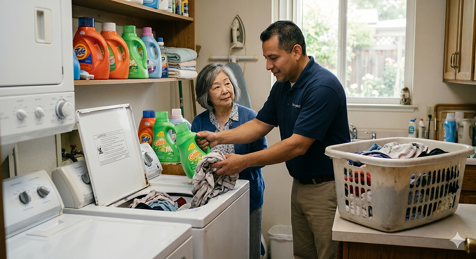 Caregiver providing non-medical elder care, helping with laundry.