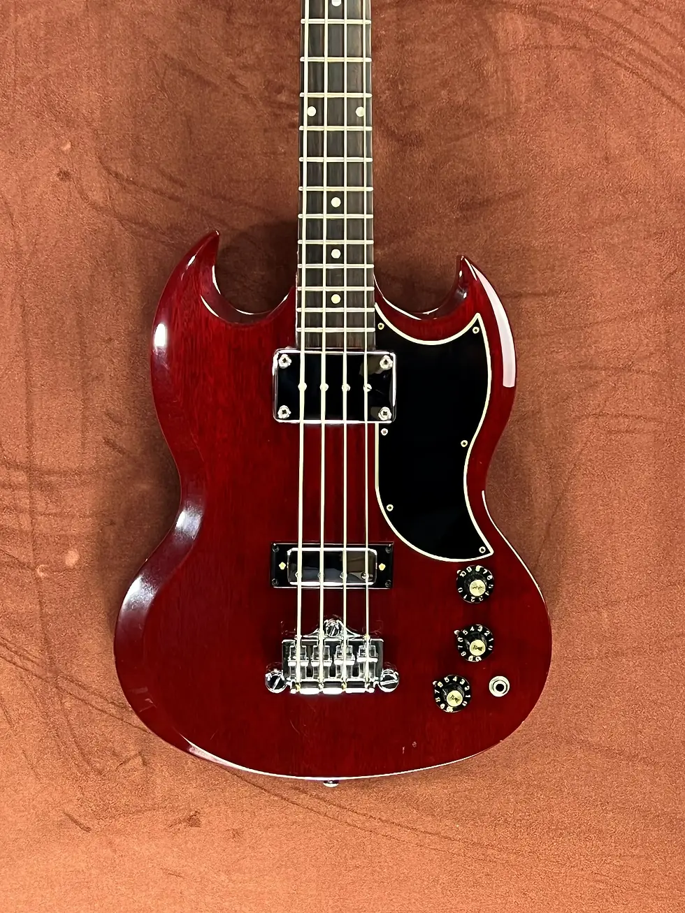 Thumbnail: 2005 Gibson EB-3 bass front view cherry mahogany body