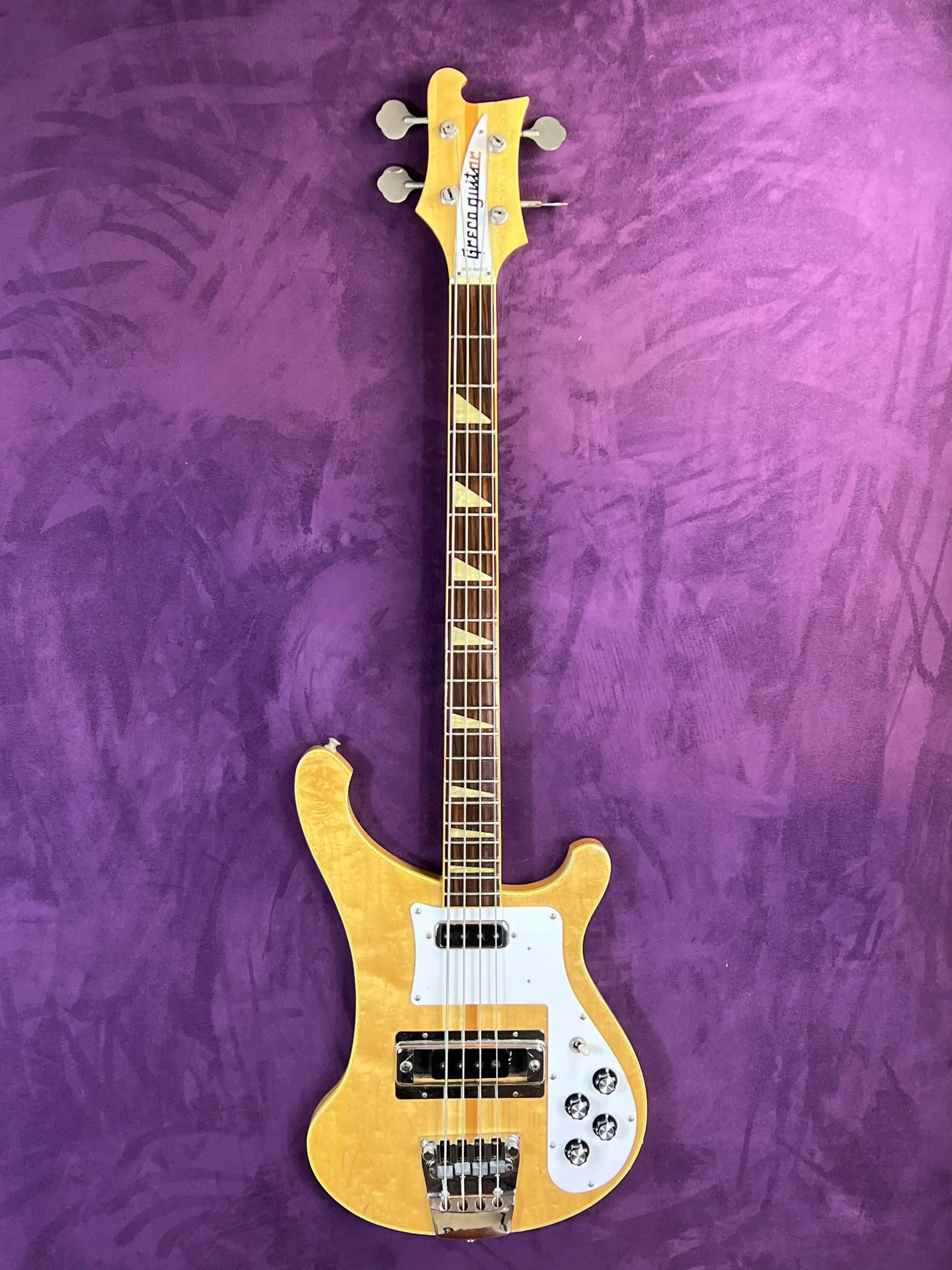 1977 Greco RB-700N bass front view natural finish figured maple top