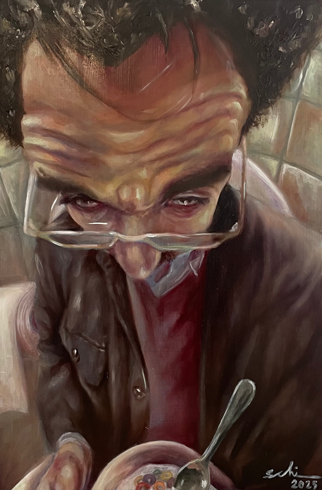 Retrato distorsionado de una persona con gafas.