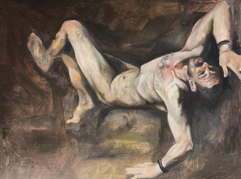 Pintura de una figura desnuda reclinada sobre un fondo oscuro.