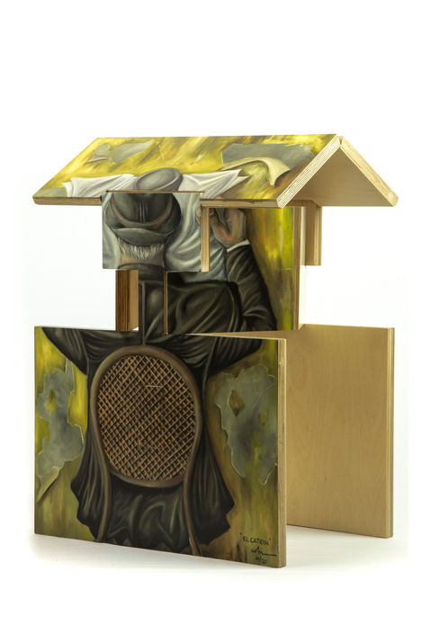 Pintura surrealista de una figura con elementos abstractos.