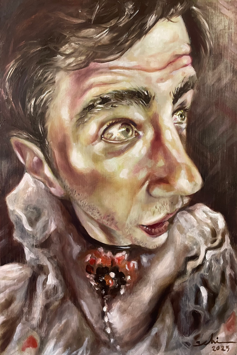 Retrato distorsionado de un hombre con rasgos exagerados.