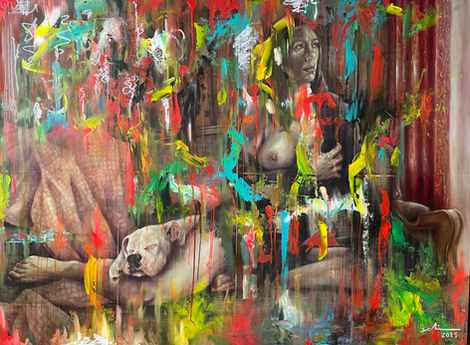 Cuadro abstracto y colorido con una mujer y un perro.