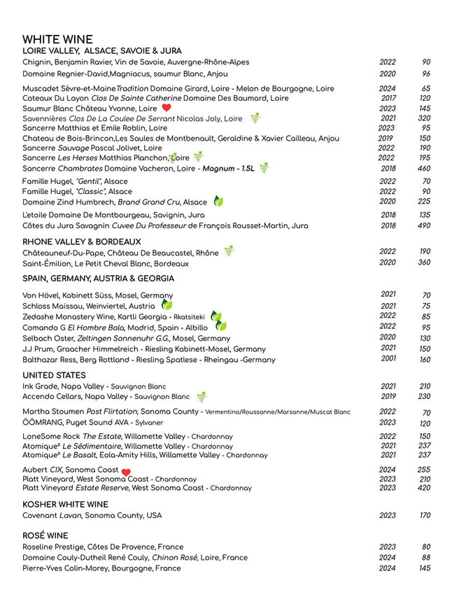 White wine and rosé wine menu with regions and vintages.