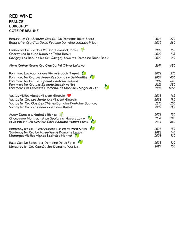 Red wine menu featuring Burgundy France selections.