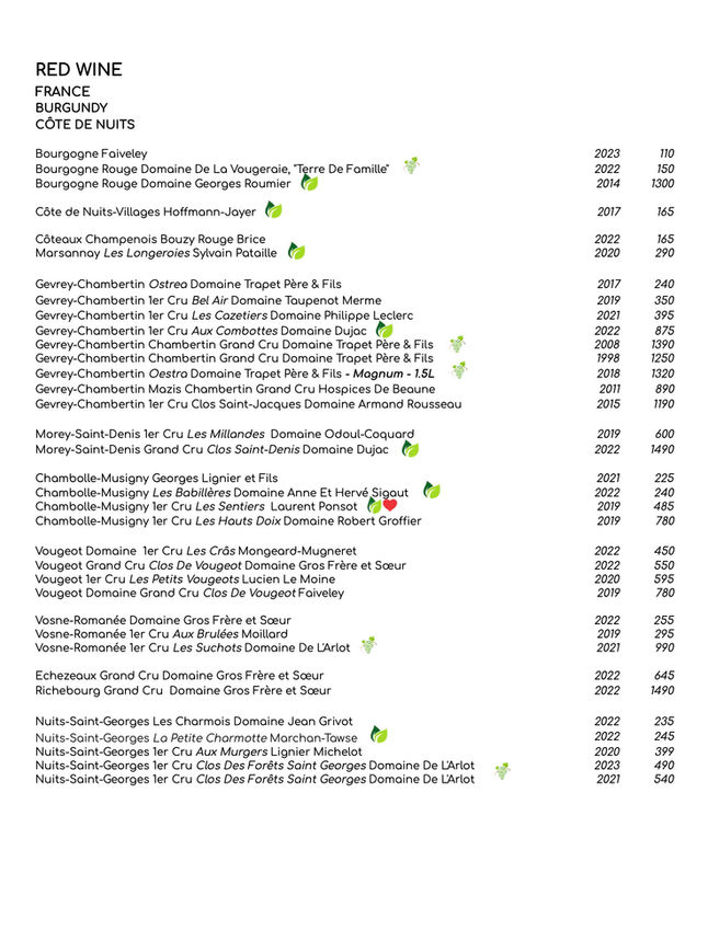 Red wine menu featuring Burgundy France selections from Côte de Nuits.