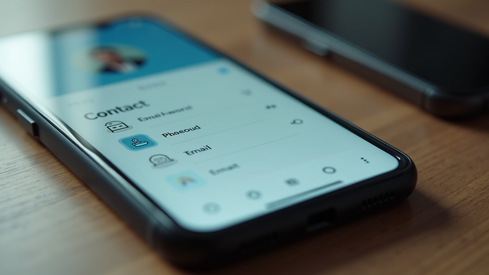 Close-up view of a smartphone screen displaying a contact page with phone and email options