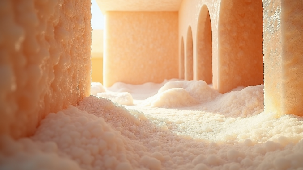 Close-up view of a salt therapy room with salt-covered walls