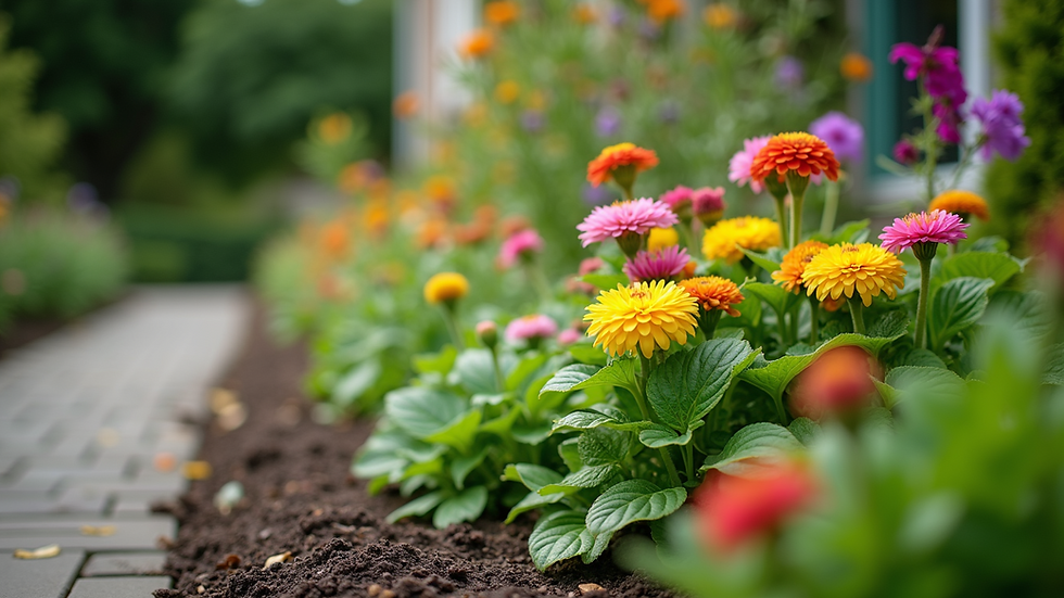 Eye-level view of a garden bed with layered plants and colourful flowers