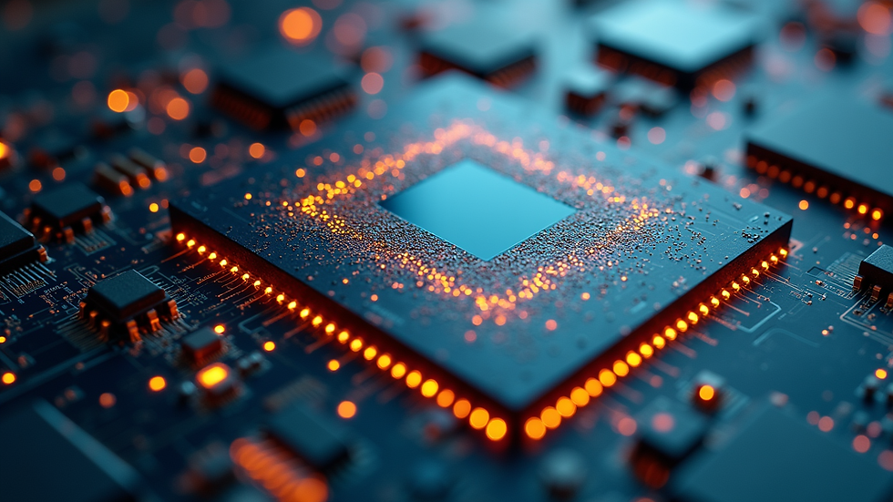 High angle view of a quantum computer chip with intricate circuits